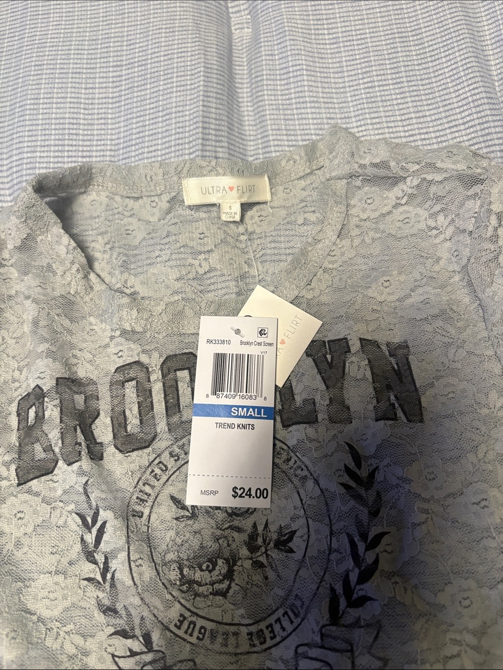 Ultra Flirt Gray Lace Brooklyn Short Sleeve Tee - Picture 2 of 3